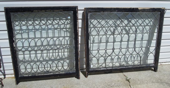 TWO ANTIQUE WOOD AND LEADED GLASS WINDOWS