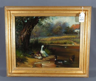 ORIGINAL OIL ON BOARD "DUCKS IN A POND"