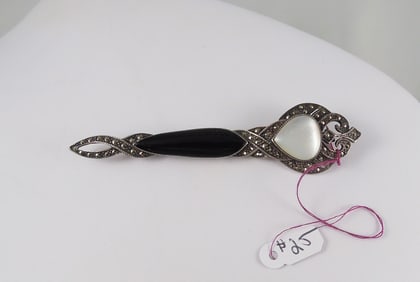 RARE ART DECO STERLING SILVER, MOTHER-OF-PEARL, ONYX & MARCASITE BROOCH