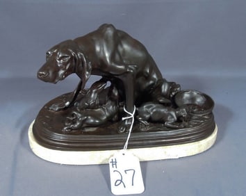 VINTAGE BRONZE SCULPTURE OF DOG WITH PUPS