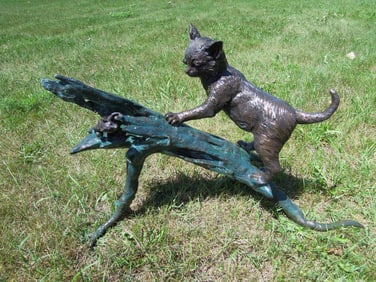 LIFE SIZE VINTAGE BRONZE SCULPTURE OF CAT & MOUSE