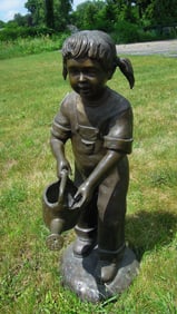 LARGE VINTAGE BRONZE SCULPTURE/FOUNTAIN OF YOUNG FIRL WITH WATERING CAN