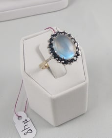 LADIES VINTAGE 14K W.G., MOONSTONE & SAPPHIRE RING