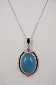 SPECTACULAR CUSTOM MADE LADIES 14K W.G., CABOCHON AQUA, SAPPHIRE, RUBY & DIAMOND NECKLACE