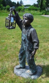 VINTAGE LIFE SIZED BRONZE SCULPTURE OF YOUNG BOY WITH LANTERN