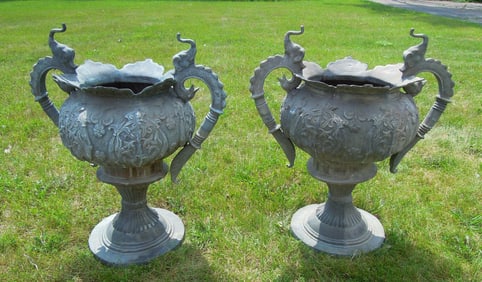 PAIR FINE VINTAGE BRONZE URNS WITH ELEPHANT & PEACOCK HANDLES