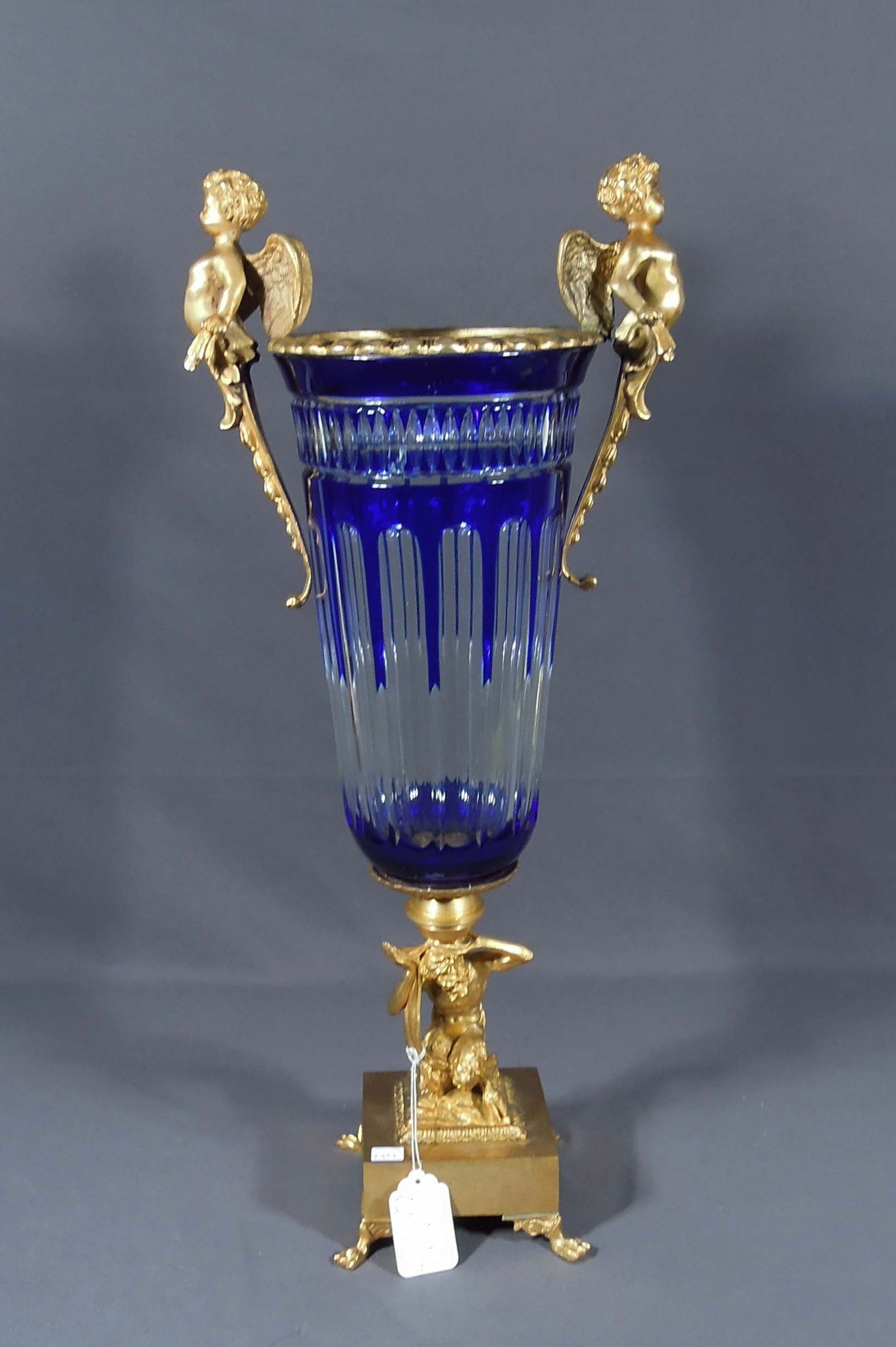 EURJOPEAN COBALT TO CLEAR CRYSTAL VASE WITH HEAVY DORE BRONZE (1 of 2)