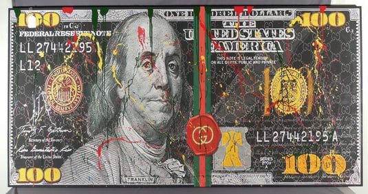 LARGE ORIGINAL POP ART MIXED MEDIA SCREEN PRINT "$100"