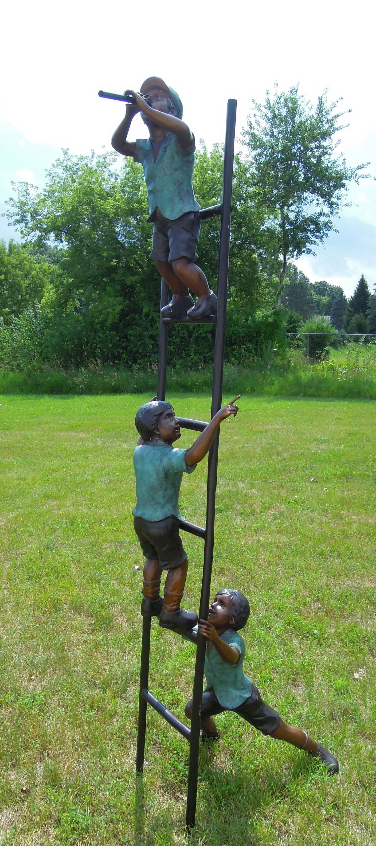 OUTSTANDING LARGE BRONZE SCULPTURE OF THREE CHILDREN CLIMBING LADDER (1 of 1)