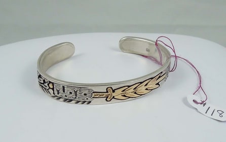 VINTAGE NATIVE AMERICAN 14K YELLOW GOLD & STERLING CUFF BRACELET