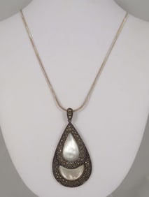 LADIES VINTAGE STERLING SILVER, MOTHER-OF-PEARL AND MARCASITE NECKLACE