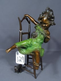 VINTAGE "JUAN CLARA" BRONZE SCULPTURE OF YOUNG GIRL SEATED IN CHAIR