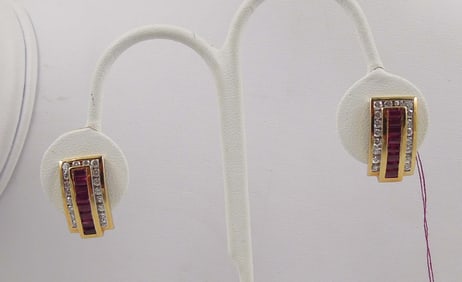 PAIR LADIES 14K Y.G., RUBY & DIAMOND EARRINGS