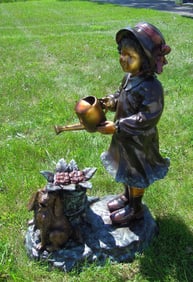 ADORABLE VINTAGE BRONZE SCULPTURE/FOUNTAIN OF YOUNG GIRL WITH PUPPY