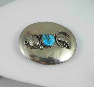 VINTAGE NATIVE AMERICAN STERLING SILVER AND TURQUOISE BELT BUCKLE
