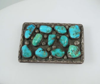 VINTAGE NATIVE AMERICAN STERLING SILVER AND TURQUOISE BELT BUCKLE