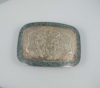 VINTAGE MEXICAN STERLING SILVER AND TURQUOISE BELT BUCKLE