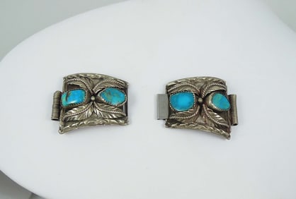 PAIR VINTAGE NATIVE AMERICAN NAVAJO STERLING SILVER & TURQUOISE WATCH TIPS