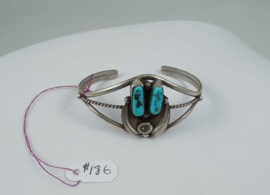 LADIES VINTAGE NATIVE AMERICAN STERLING SILVER & TURQUOISE FLEXIBLE CUFF BRACELET