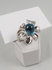 LADIES LARGE 14K W.G. & BLUE TOPAZ FASHION RING