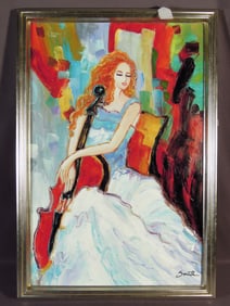 ORIGINAL OIL ON CANVAS: TARKAY STYLE OIL OF WOMAN PLAYING CELLO