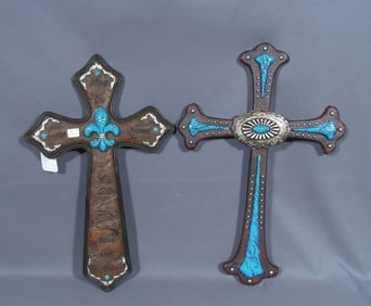 TWO HEAVY DECORATIVE CROSSES