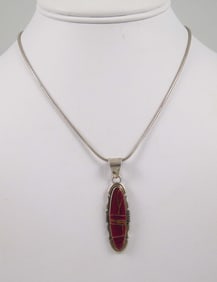 VINTAGE NATIVE AMERICAN STERLING SILVER & RED SPINY OYSTER NECKLACE