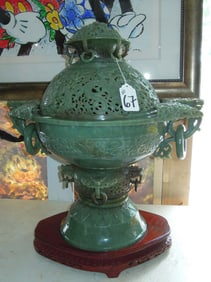 FABULOUS LARGE CHINESE HAND CARVED JADE INCENSE BURNER
