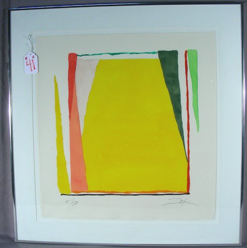 LARRY ZOX (1937-2006) AMERICAN - HAND COLORED SCREEN PR: LARRY ZOX (1937-2006) AMERICAN - HAND COLORED SCREEN PRINTS A. Screen print in yellow, green, red and beige coloration. Limited Edition 15/20. Signed in pencil, lower right. Metal frame. Image 23" hig
