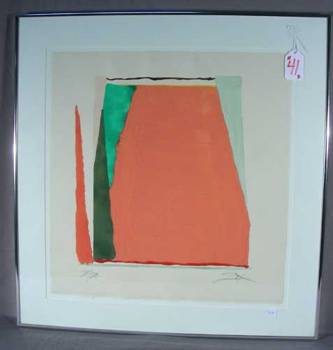 LARRY ZOX (1937-2006) AMERICAN - HAND COLORED SCREEN PR: LARRY ZOX (1937-2006) AMERICAN - HAND COLORED SCREEN PRINTS B. Screen print in orange, green and pink coloration. Limited Edition 20/20. Signed in pencil, lower right. Metal frame. Image 23" high, 22"