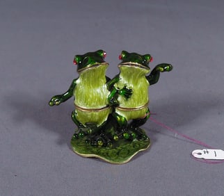 METAL, ENAMEL & RHINESTONE DOUBLE FROG TRINKET BOX