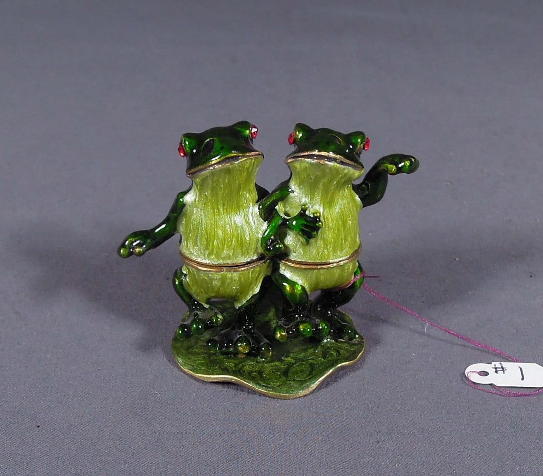 METAL, ENAMEL & RHINESTONE DOUBLE FROG TRINKET BOX