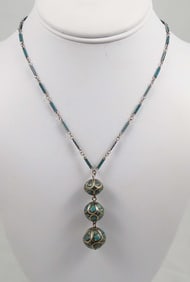 VINTAGE PERSIAN ENAMEL, STERLING SILVER & TURQUOISE NECKLACE