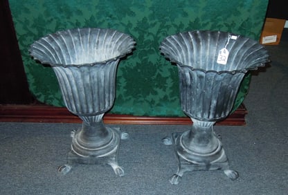 PAIR HEAVY VINTAGE CAST IRON PLANTERS