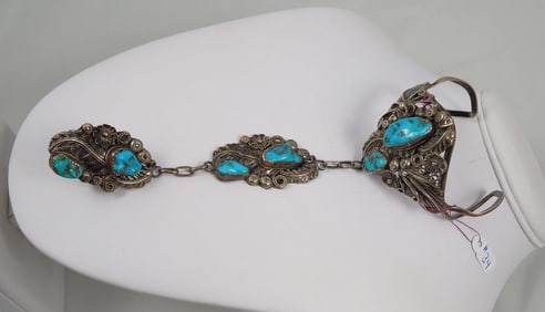 VINTAGE NATIVE AMERICAN NAVAJO TURQUOISE & STERLING SILVER SLAVE BRACELET