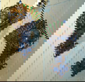 PAIR OF DECORATIVE PEACOCK MOTIF PLASTIC, GLITTER & GLASS WALL SCONCES
