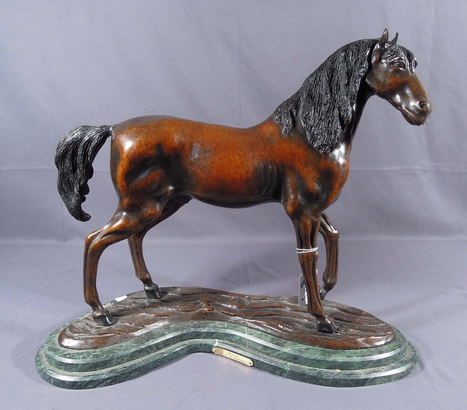 FINE BRONZE SCULPTURE OF PRANCING HORSE "ARIZONA" BY E.S. GEFRANCO: Very fine detail. Excellent aged patina. Signed. 20" high, 24" wide, 8 1/2" deep.