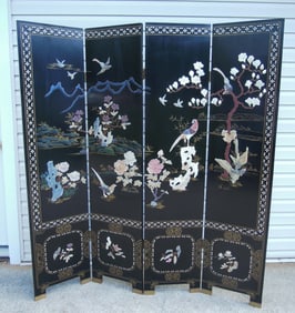 VINTAGE BLACK LACQUER & HARDSTONE FOUR PANEL SCREEN