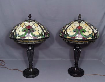 PAIR VERY FINE METAL AND LEADED GLASS TABLE LAMPS
