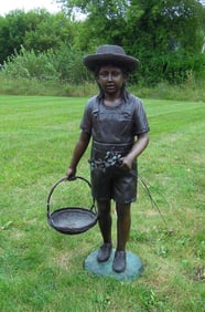VINTAGE LIFE SIZE BRONZE SCULPTURE OF YOUNG GIRL WITH BASKET & FLOWERS