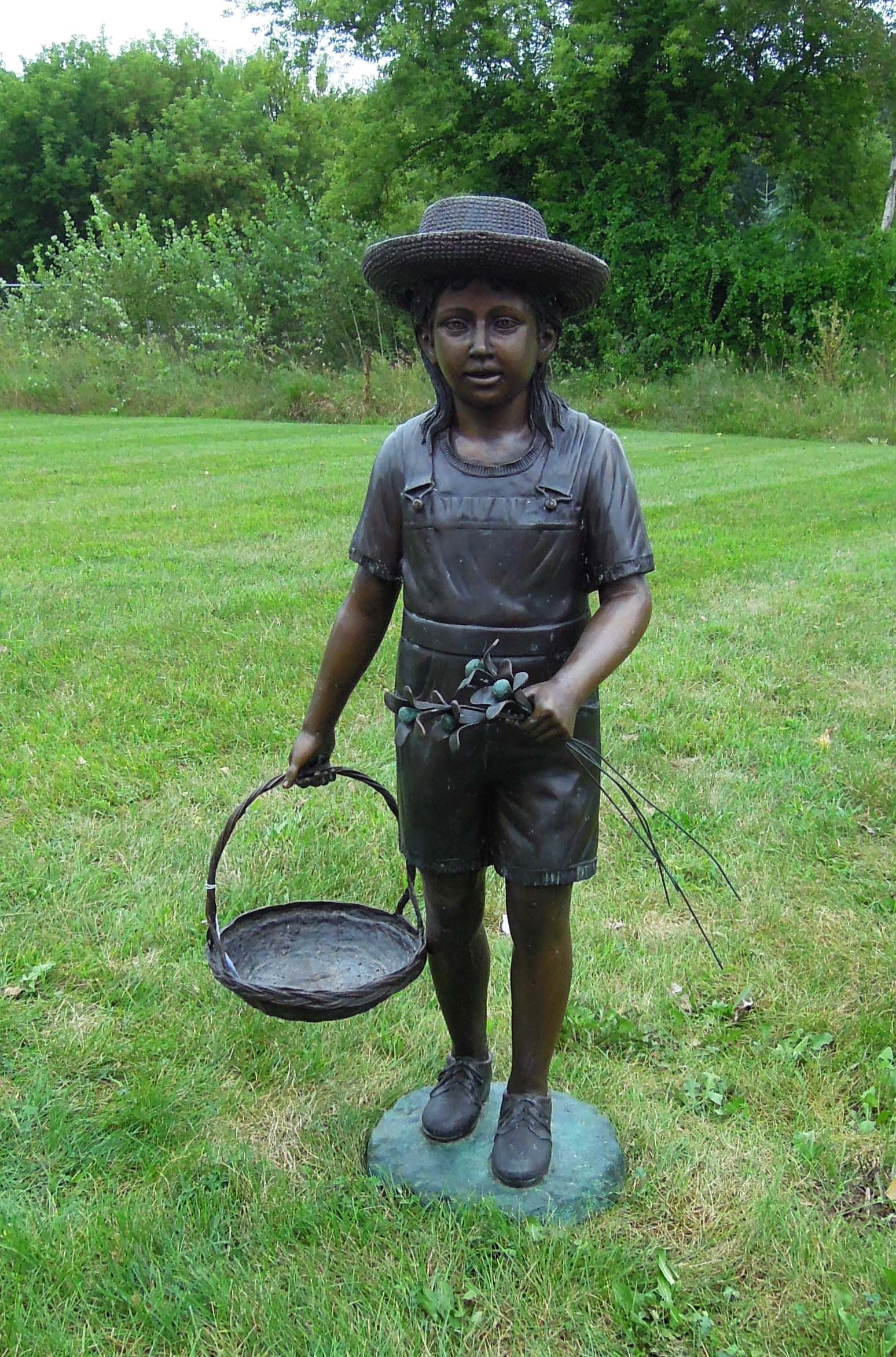 VINTAGE LIFE SIZE BRONZE SCULPTURE OF YOUNG GIRL WITH BASKET & FLOWERS: Adorable young girl holds flowers in one hand and basket in other. Great aged two color patina Very fine detail. 45 1/2" high, 20" wide, 18" deep.
