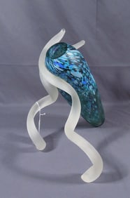 UNUSUAL HAND BLOWN MODERN ART GLASS VASE WITH APPLIED ART GLASS STAND
