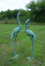 PAIR HEAVY LIFE SIZE BRONZE SCULPTURES/FOUNTAINS OF CRANES