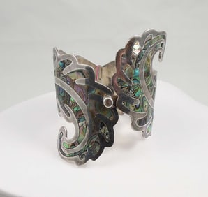LARGE VINTAGE STERLING SILVER & ABALONE CUFF BRACELET