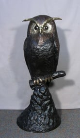 VERY LARGE FINE BRONZE SCULPTURE OF OWL PERCHED ON BRANCH