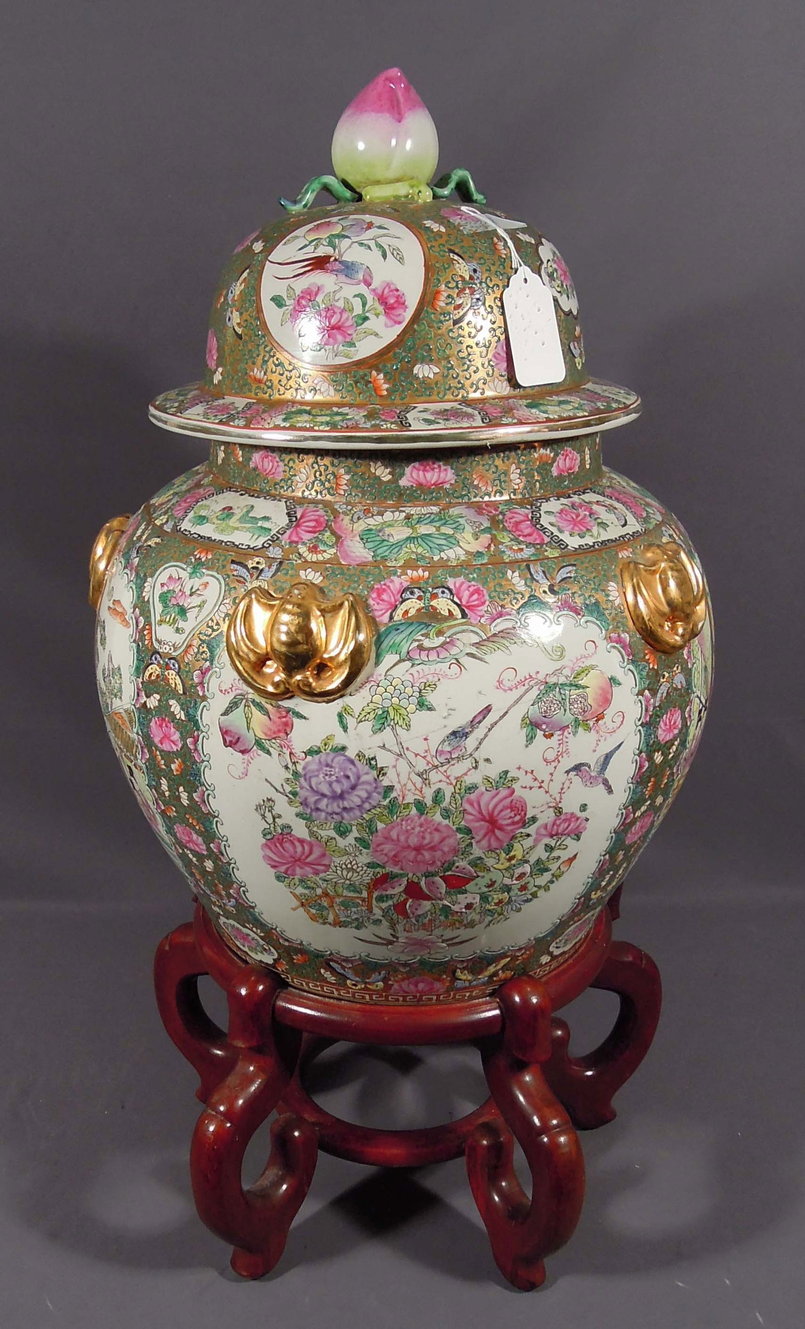 VINTAGE CHINESE ROSE MEDALLION PORCELAIN COVERED URN: Pheonix bird and flower decorations. 33" high, 16" dia.