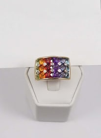 LADIES HEAVY 14K Y.G., MULTI GEMSTONE & DIAMOND RING