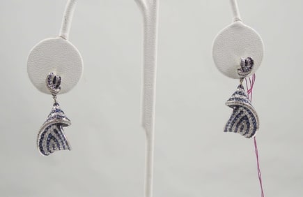 LADIES PAIR OF 18K W.G., SAPPHIRE AND DIAMOND DANGLE EARRINGS