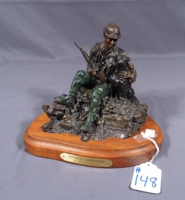 VINTAGE BRONZE SCULPTURE OF HUNTER WITH DOG "FAITHFUL COMPANION" BY DENNIS JONES