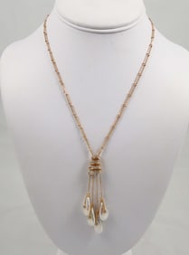 LADIES 14K Y.G., FRESH WATER PEARL AND DIAMOND DANGLE NECKLACE